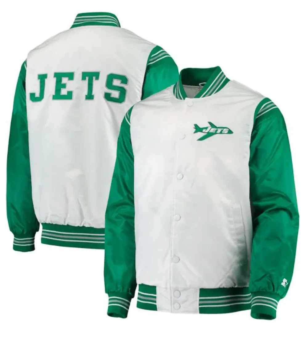 New York Jets White Satin Historic Logo Varsity Jacket - Image 3