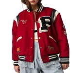 Red wool varsity jacket for women