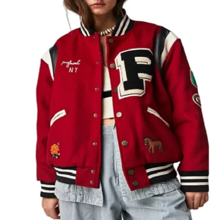 Red wool varsity jacket for women