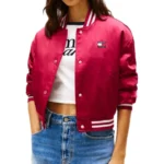 Brilliant Berry Satin Varsity Jacket in Bold Glossy Finish - Image 2