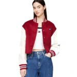 Cropped Classic Red & White Varsity Jacket - Image 2