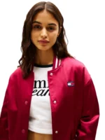 Brilliant Berry Satin Varsity Jacket in Bold Glossy Finish - Image 4