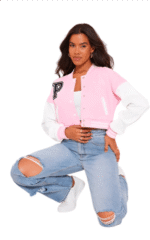 Stylish Wool Leather Cropped Pink Varsity Jacket - Image 4