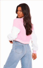 Stylish Wool Leather Cropped Pink Varsity Jacket - Image 3