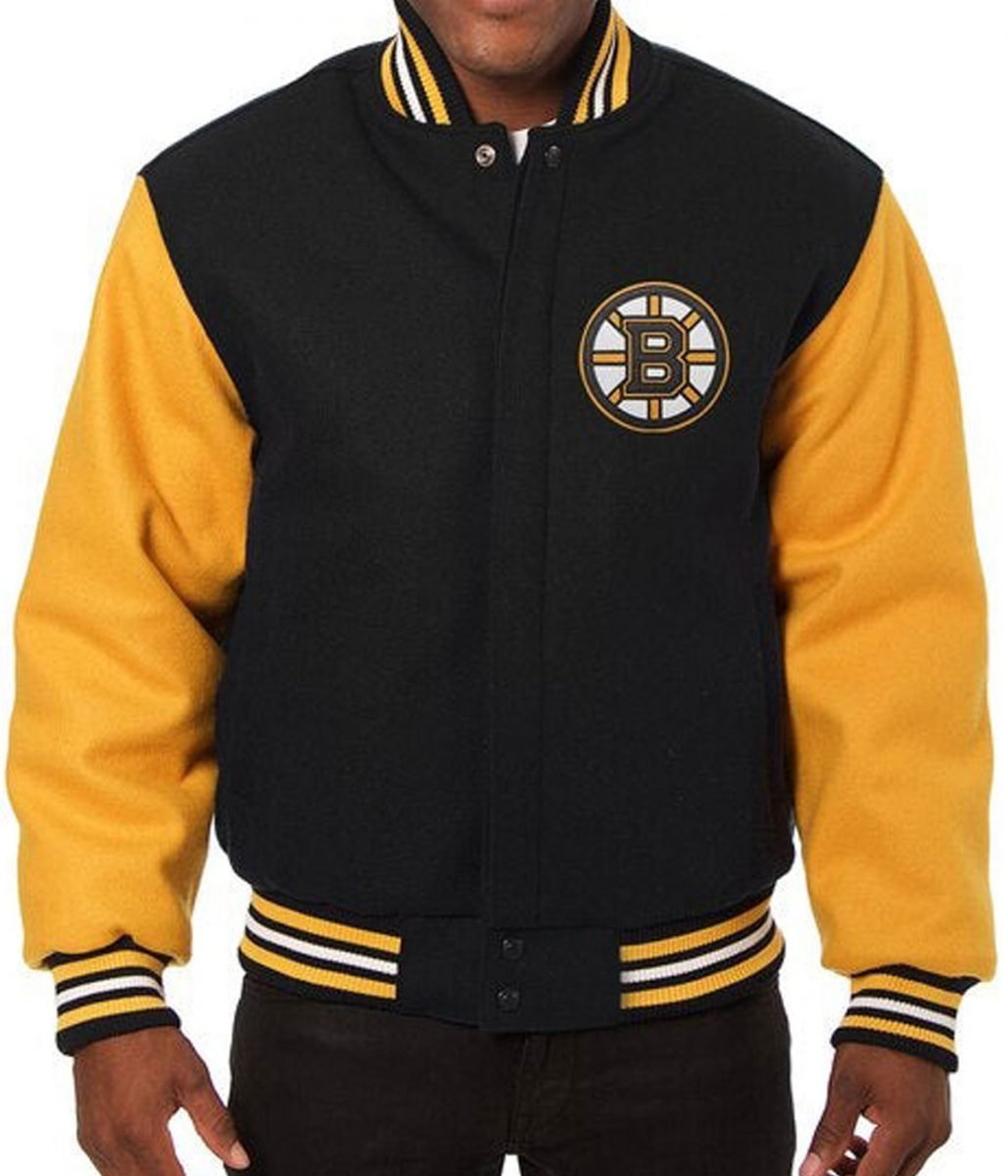 boston-bruins-black-and-yellow-wool-jacket-scaled-1-1.jpg Varsity Boston Bruins Black and Yellow Wool Jacket - Image 1