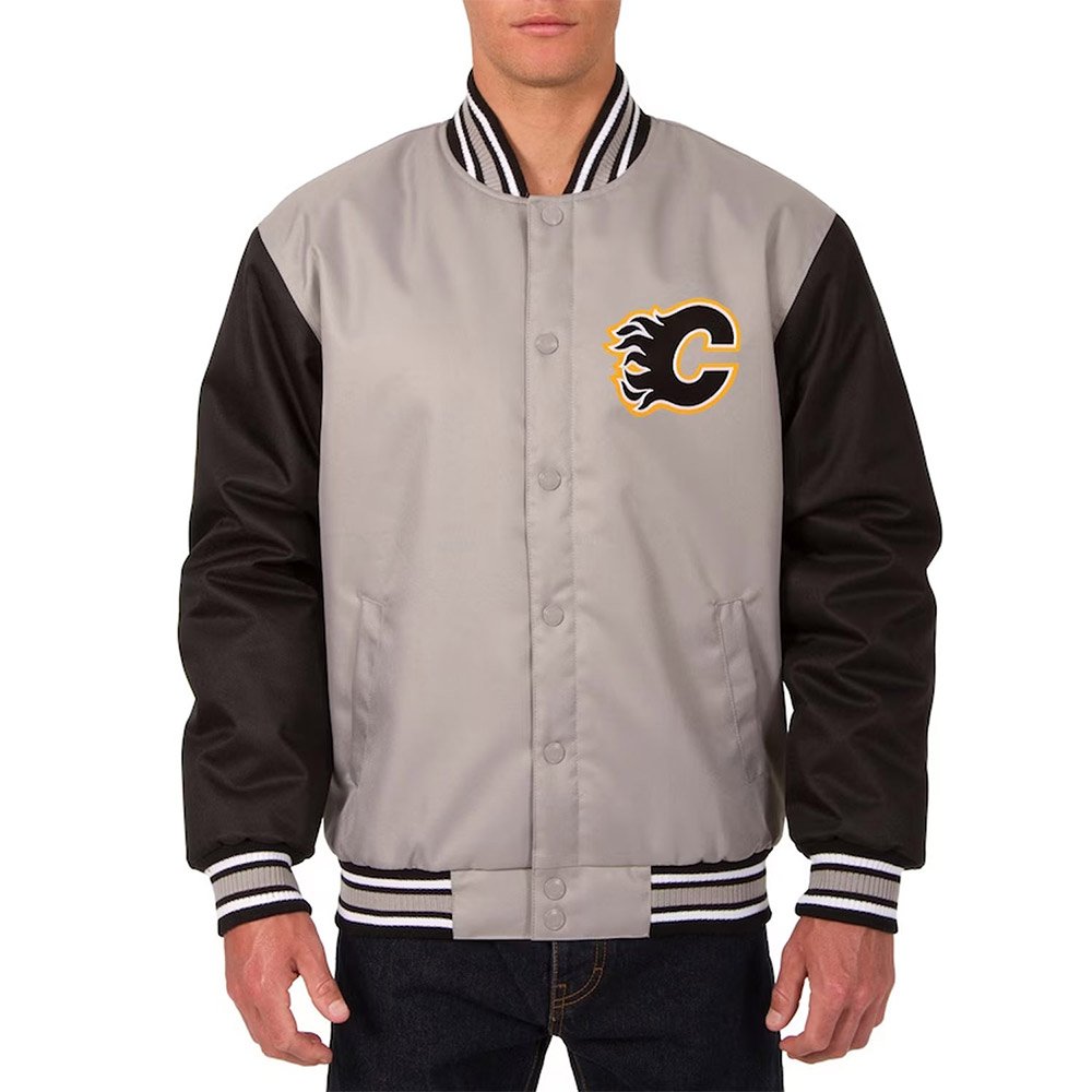 calgary-flames-gray-and-black-poly-twill-jacket-1.jpg Calgary Flames Poly-Twill Gray and Black Jacket - Image 1