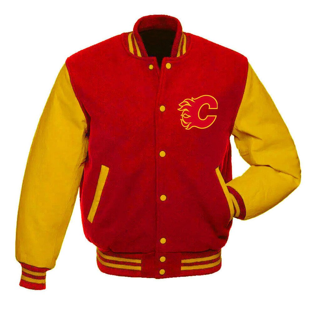 calgary-flames-varsity-jacket-2.jpg Calgary Flames Red and Gold Varsity Jacket - Image 1