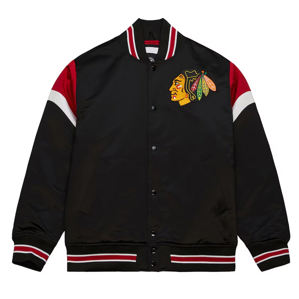 chicago-blackhawks-heavyweight-satin-jacket-1.jpg Chicago Blackhawks Black Heavyweight Satin Jacket - Image 1