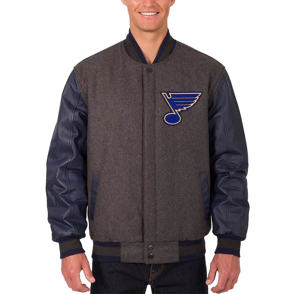 st-louis-blues-varsity-charcoal-and-navy-jacket-1.jpg Charcoal and Navy St. Louis Blues Varsity Jacket - Image 1