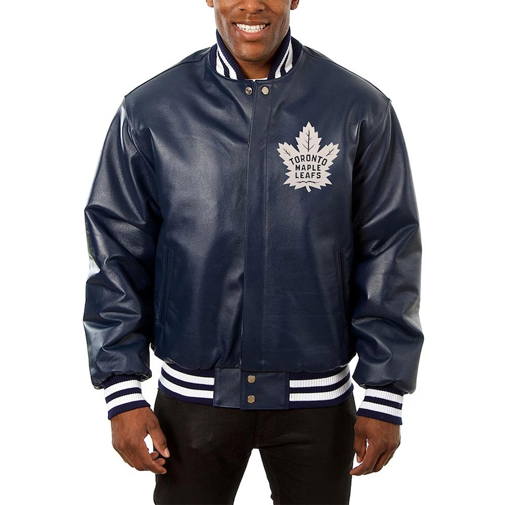 toronto-maple-leafs-navy-varsity-leather-jacket-1.jpg Toronto Maple Leafs Varsity Navy Leather Jacket - Image 1